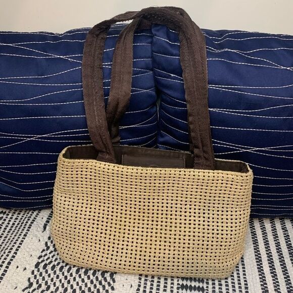 Mondani Tan Woven Shoulder Bag | Straw Handbag Tote Purse with Brown Handles - Picture 3 of 7